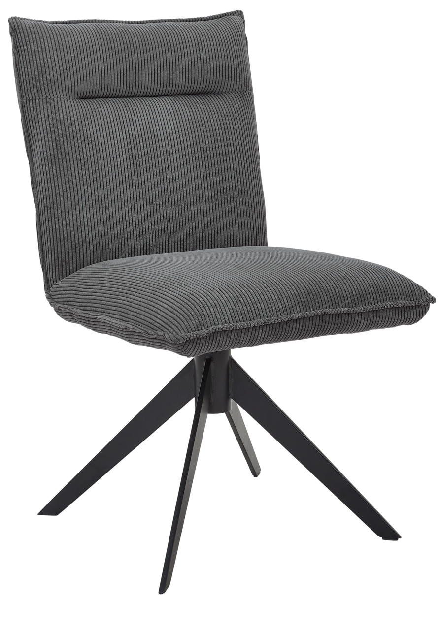 Johann Jakob Stuhl CALAS Grauer, moderner Stuhl mit gestepptem Stoffbezug und schwarzem Metallgestell, seitliche Perspektive