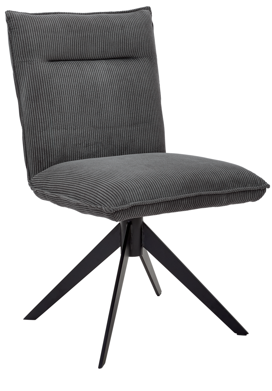 Grauer, moderner Stuhl mit gestepptem Stoffbezug und schwarzem Metallgestell, seitliche Perspektive