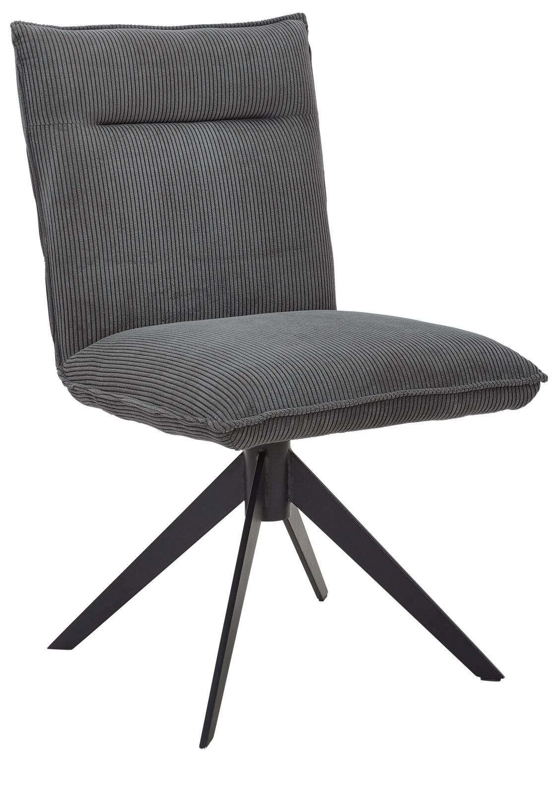 Johann Jakob Stuhl CALAS Grauer, moderner Stuhl mit gestepptem Stoffbezug und schwarzem Metallgestell, seitliche Perspektive