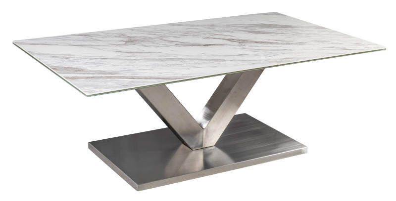 Moderner Couchtisch mit rechteckiger Marmorplatte und V-förmigem Metallgestell, seitliche Perspektive