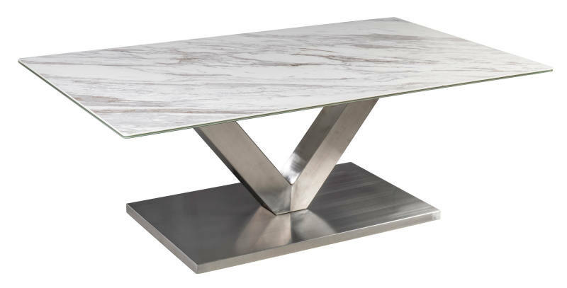 Moderner Couchtisch mit rechteckiger Marmorplatte und V-förmigem Metallgestell, seitliche Perspektive