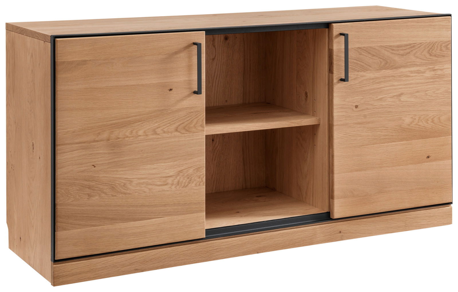 Holz-Kommode mit zwei Türen und einem offenen Fach, seitliche Perspektive