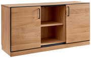 Holz-Kommode mit zwei Türen und einem offenen Fach, seitliche Perspektive
