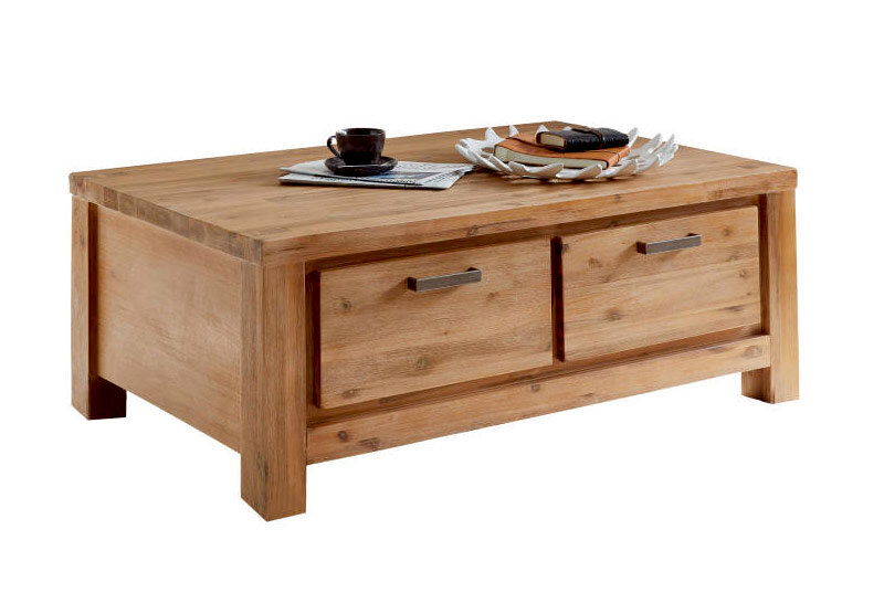 Holz-Couchtisch mit zwei Schubladen, seitliche Perspektive