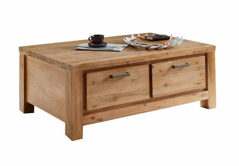 Holz-Couchtisch mit zwei Schubladen, seitliche Perspektive