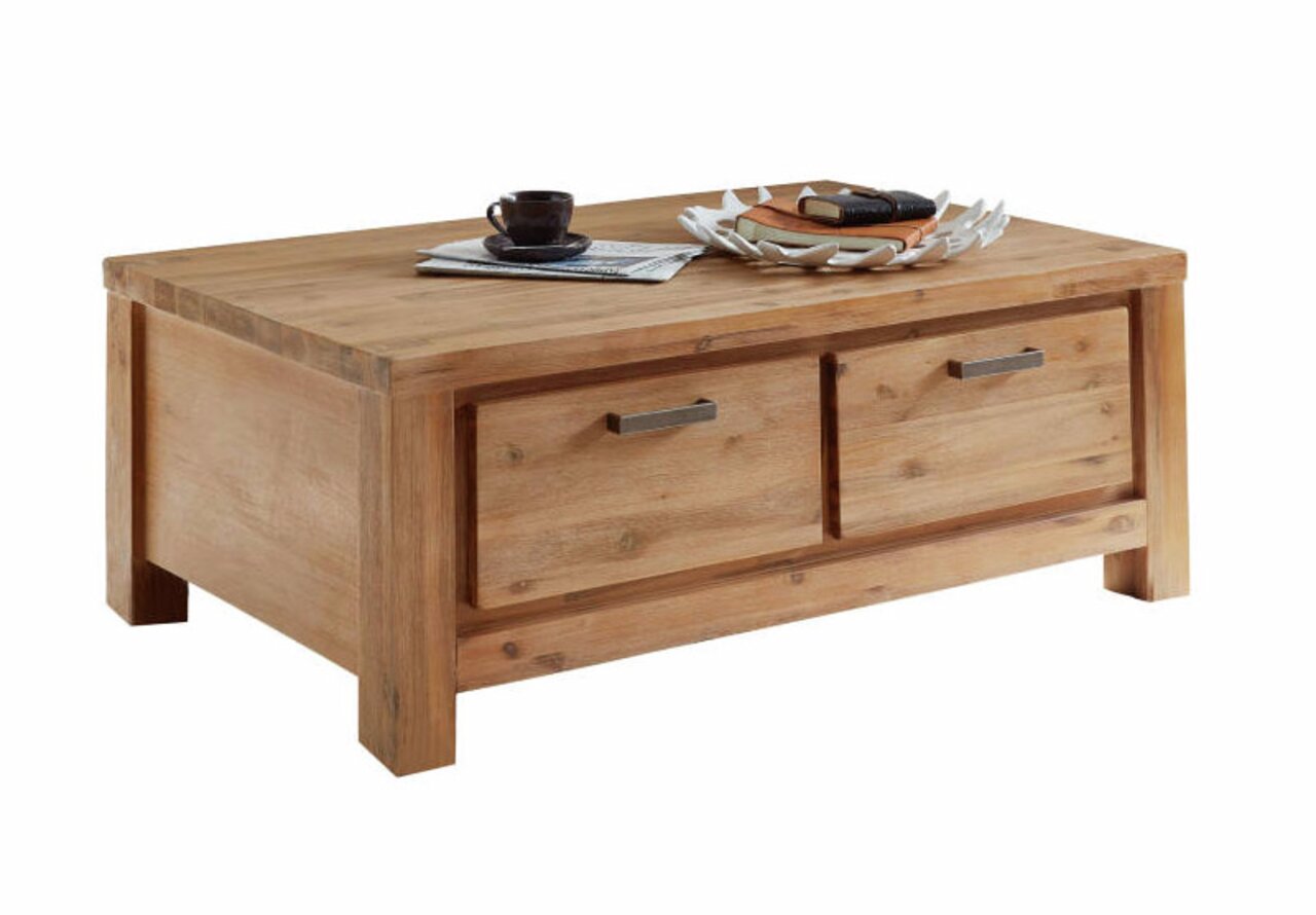 Holz-Couchtisch mit zwei Schubladen, seitliche Perspektive