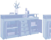 XL-Sideboard XORA MILA in Holzoptik mit offenen Türen und Schubladen, dekoriert mit Büchern und Vasen, seitliche Perspektive