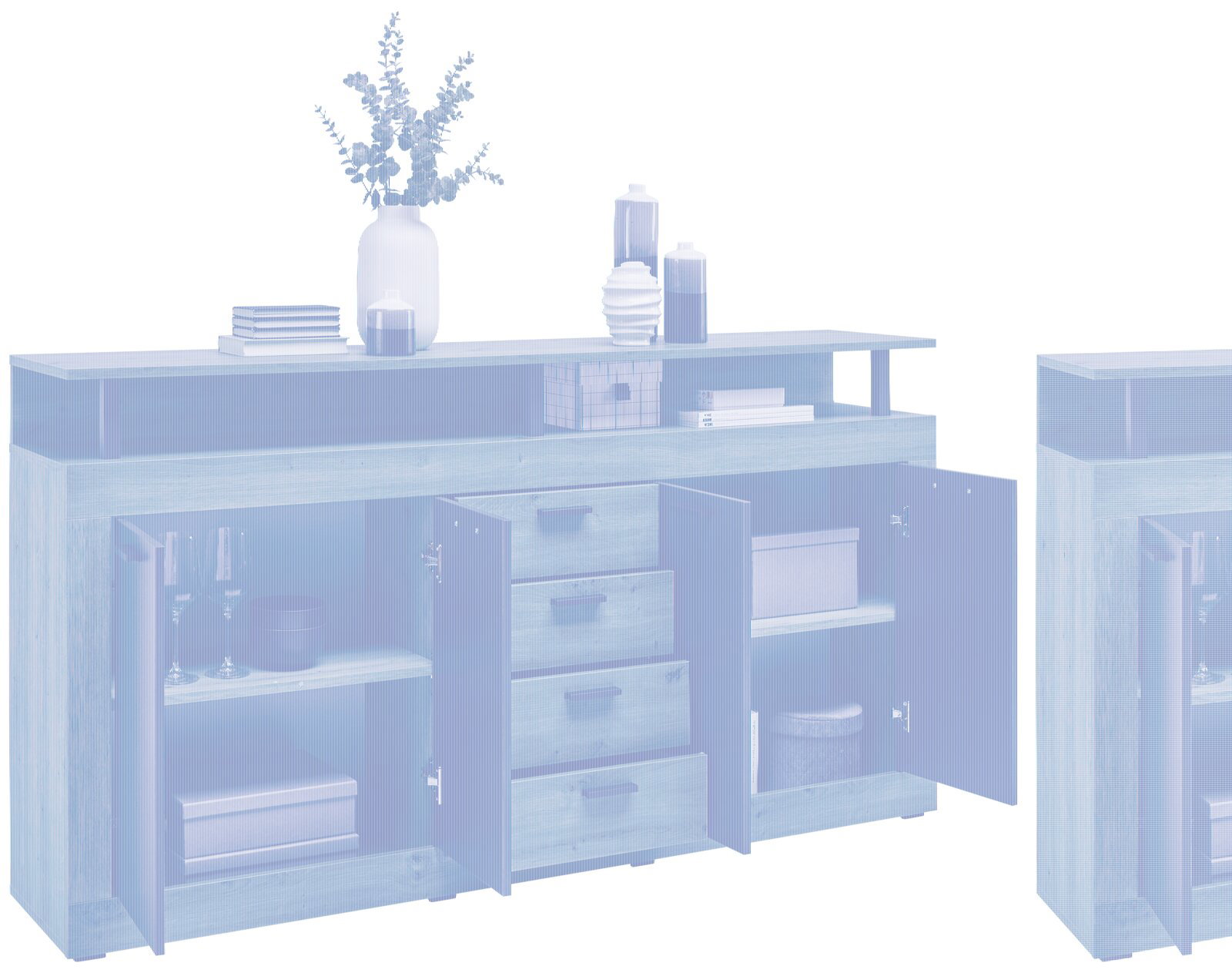 XL-Sideboard XORA MILA in Holzoptik mit offenen Türen und Schubladen, dekoriert mit Büchern und Vasen, seitliche Perspektive