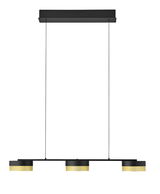 Moderne LED-Pendelleuchte MESH mit drei runden, goldfarbenen Leuchtelementen, hängend an dünnen Kabeln, seitliche Perspektive.