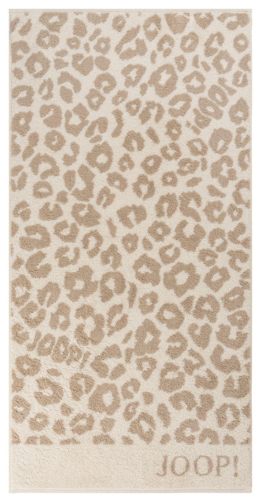 Beiges Handtuch mit Leopardenmuster und JOOP! Logo, Draufsicht