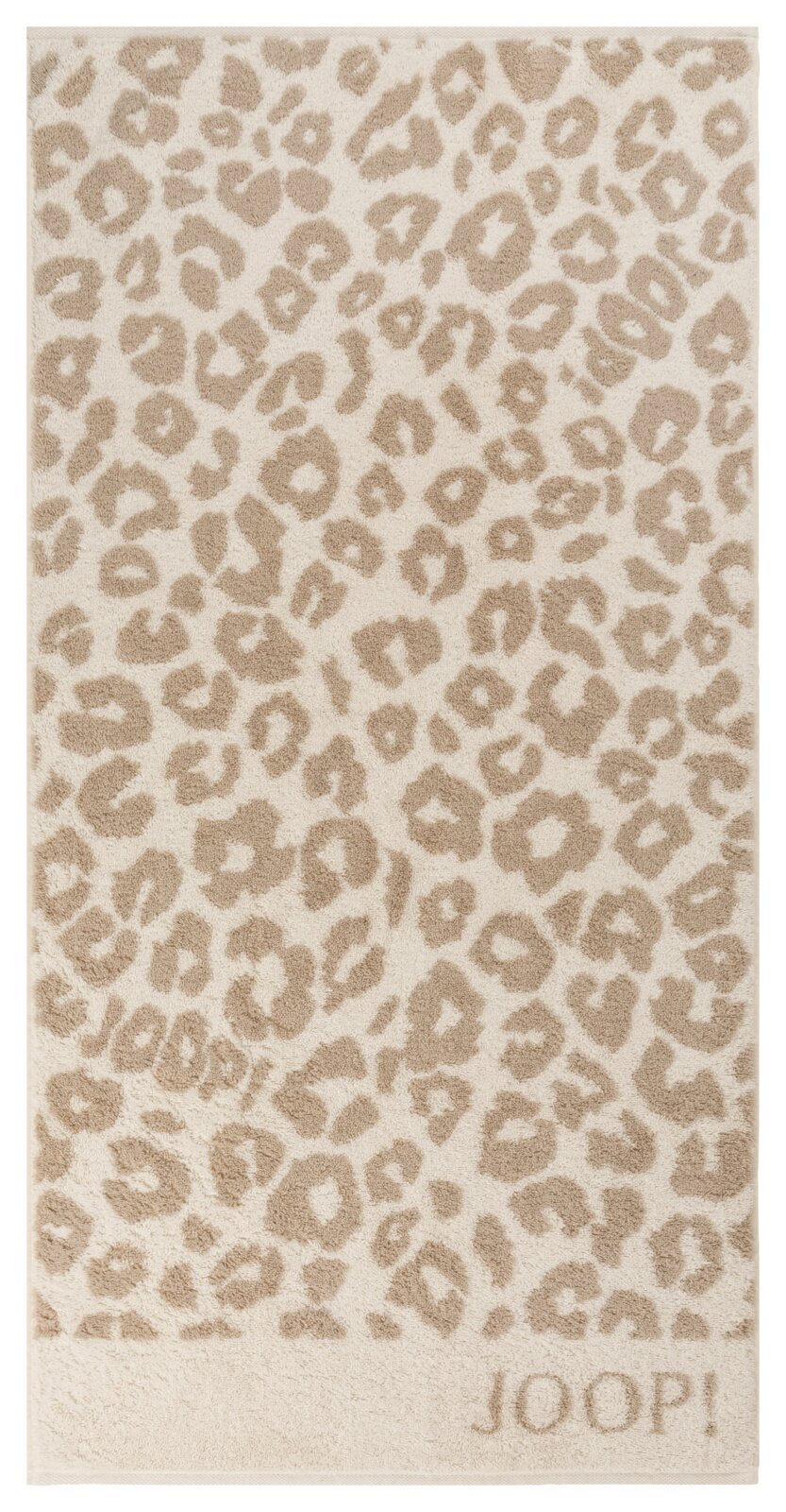 Beige handdoek met luipaardprint en JOOP!-logo, bovenaanzicht