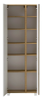 Offener Hochschrank mit mehreren Regalböden, aus Holz und Metall, Frontalansicht