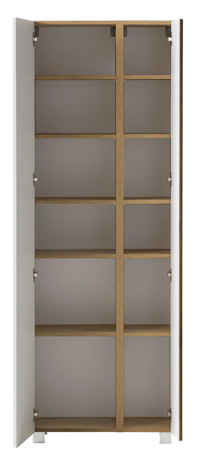 Offener Hochschrank mit mehreren Regalböden, aus Holz und Metall, Frontalansicht