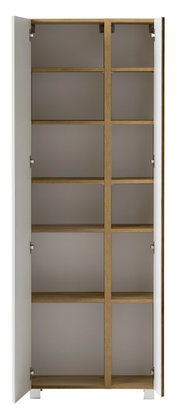 Offener Hochschrank mit mehreren Regalböden, aus Holz und Metall, Frontalansicht