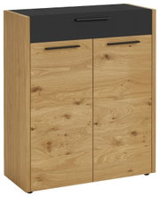 Moderner Schuhschrank aus Holz mit zwei Türen und einer Schublade, Frontansicht