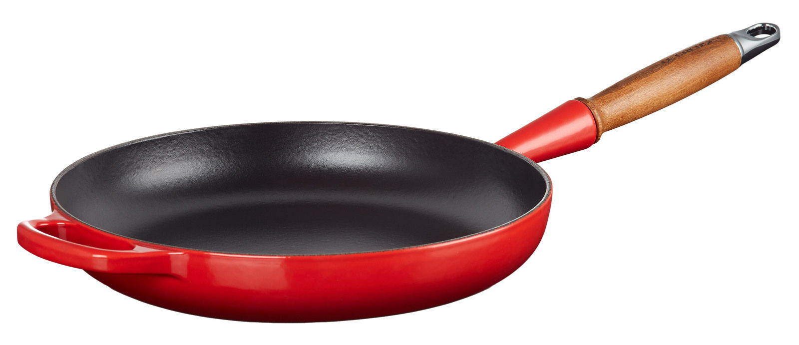 Rote Bratpfanne mit Holzgriff, seitliche Perspektive