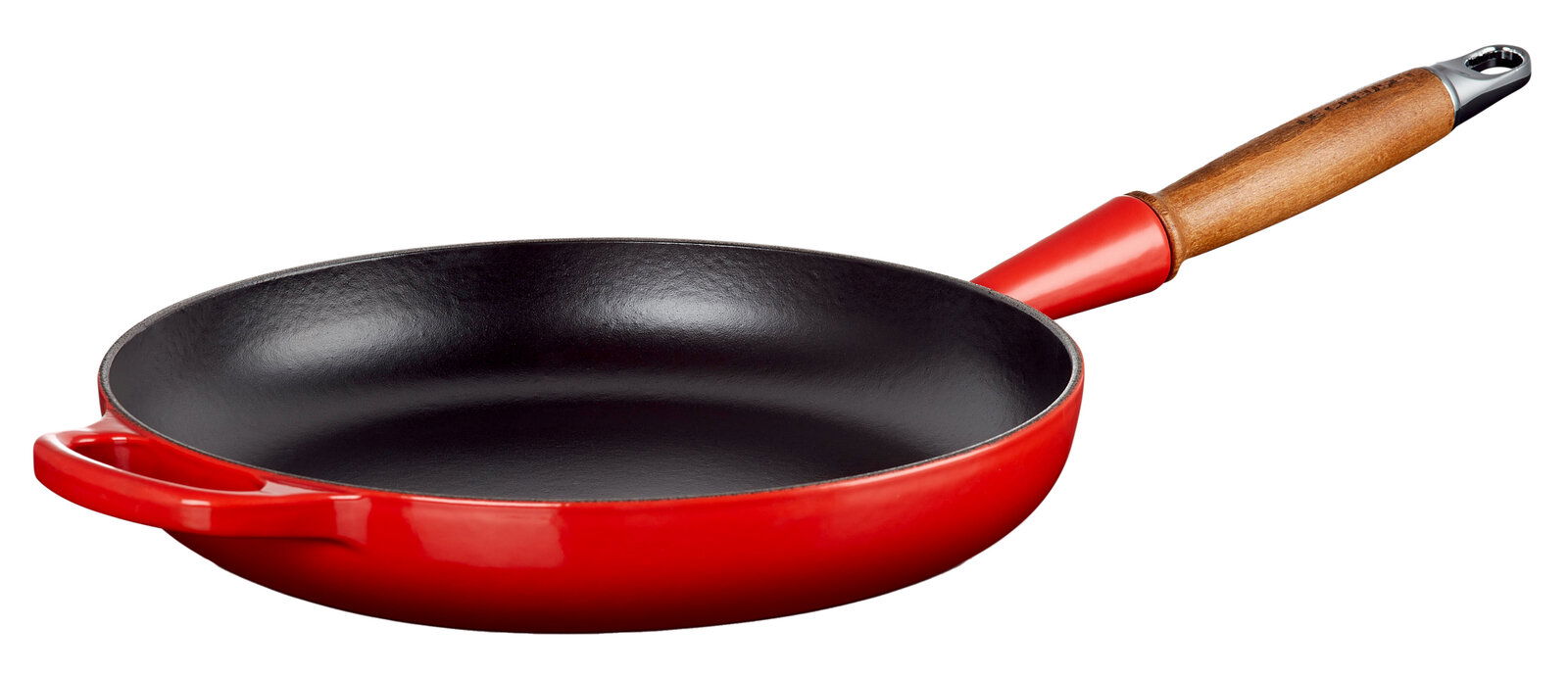 LE CREUSET Bratpfanne 28cm Kirschrot Rote Bratpfanne mit Holzgriff, seitliche Perspektive