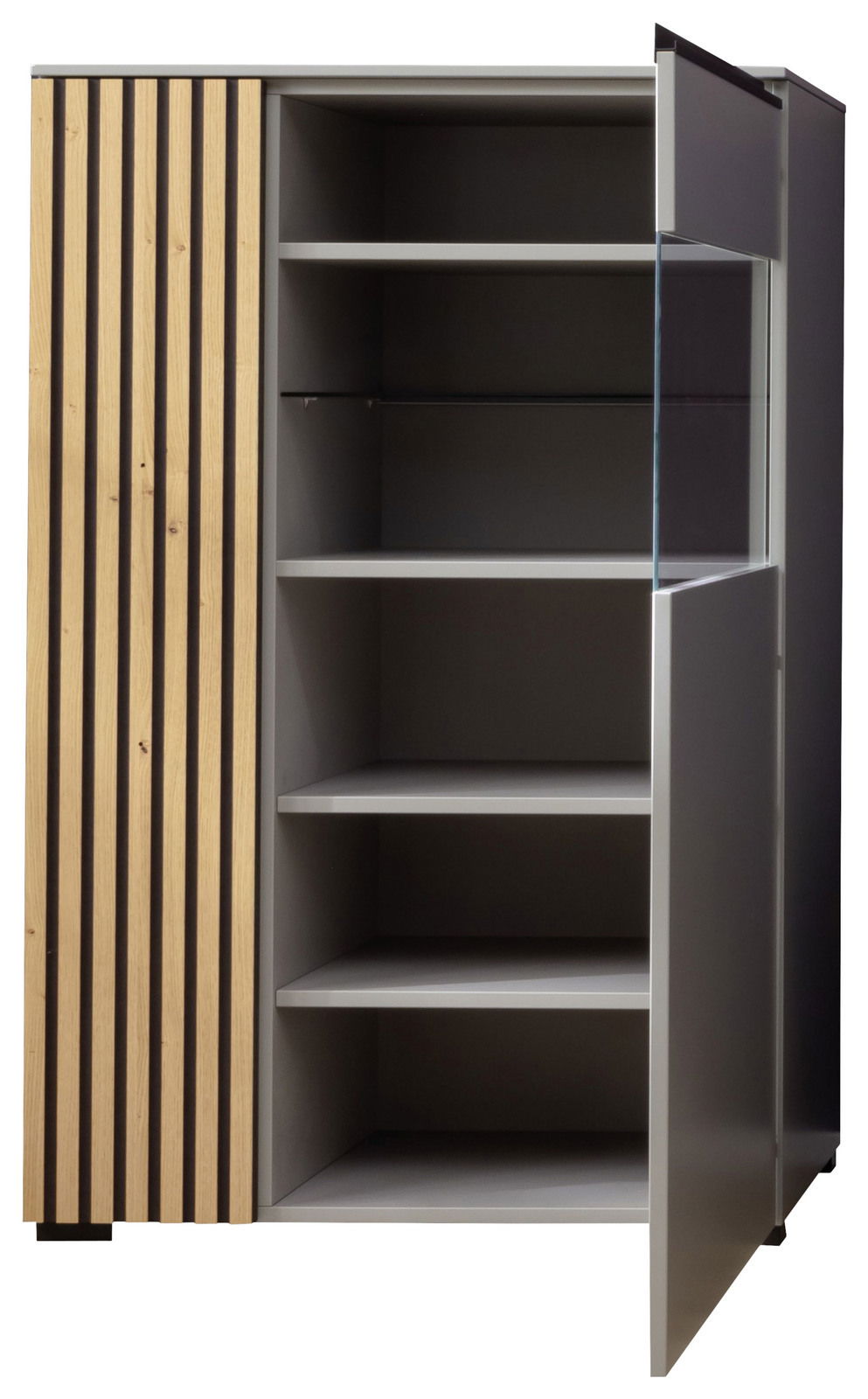 Highboard mit offener Tür, Holz- und Glaselemente, seitliche Perspektive