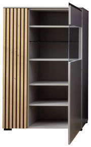 Highboard mit offener Tür, Holz- und Glaselemente, seitliche Perspektive