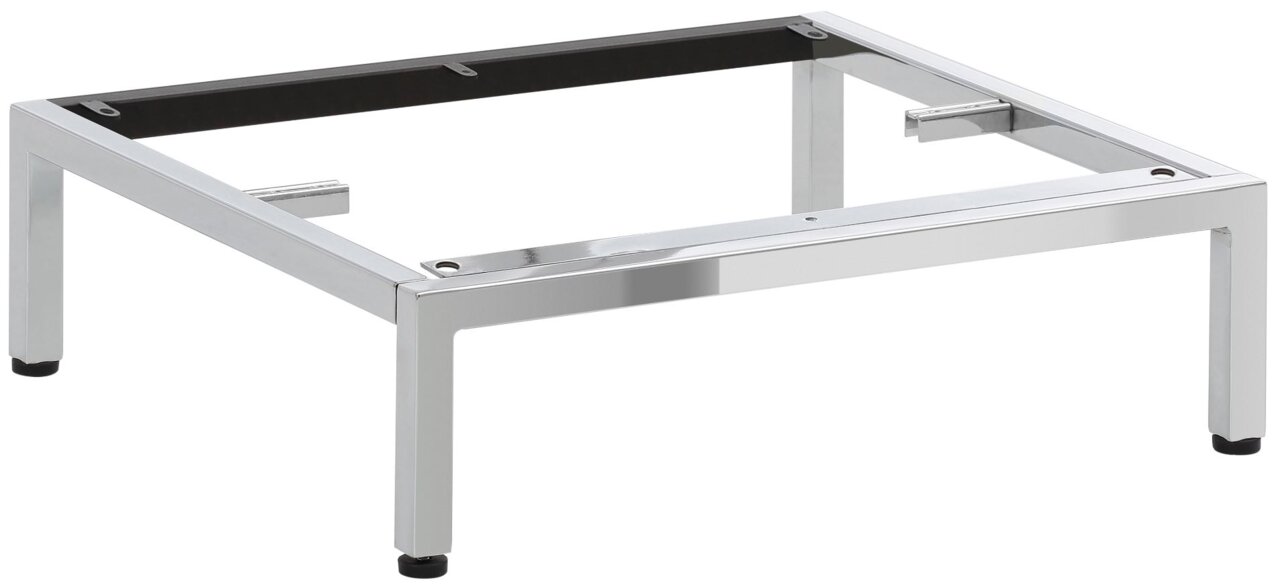 Novel Metalluntergestell 45cm FOCUS STAURAUM T40 Verchromtes Metall-Untergestell/Standfuß für ein Küchengerät mit vier Füßen und Montageöffnungen, freigestellt auf weißem Hintergrund, in schräger Vorderansicht von oben.