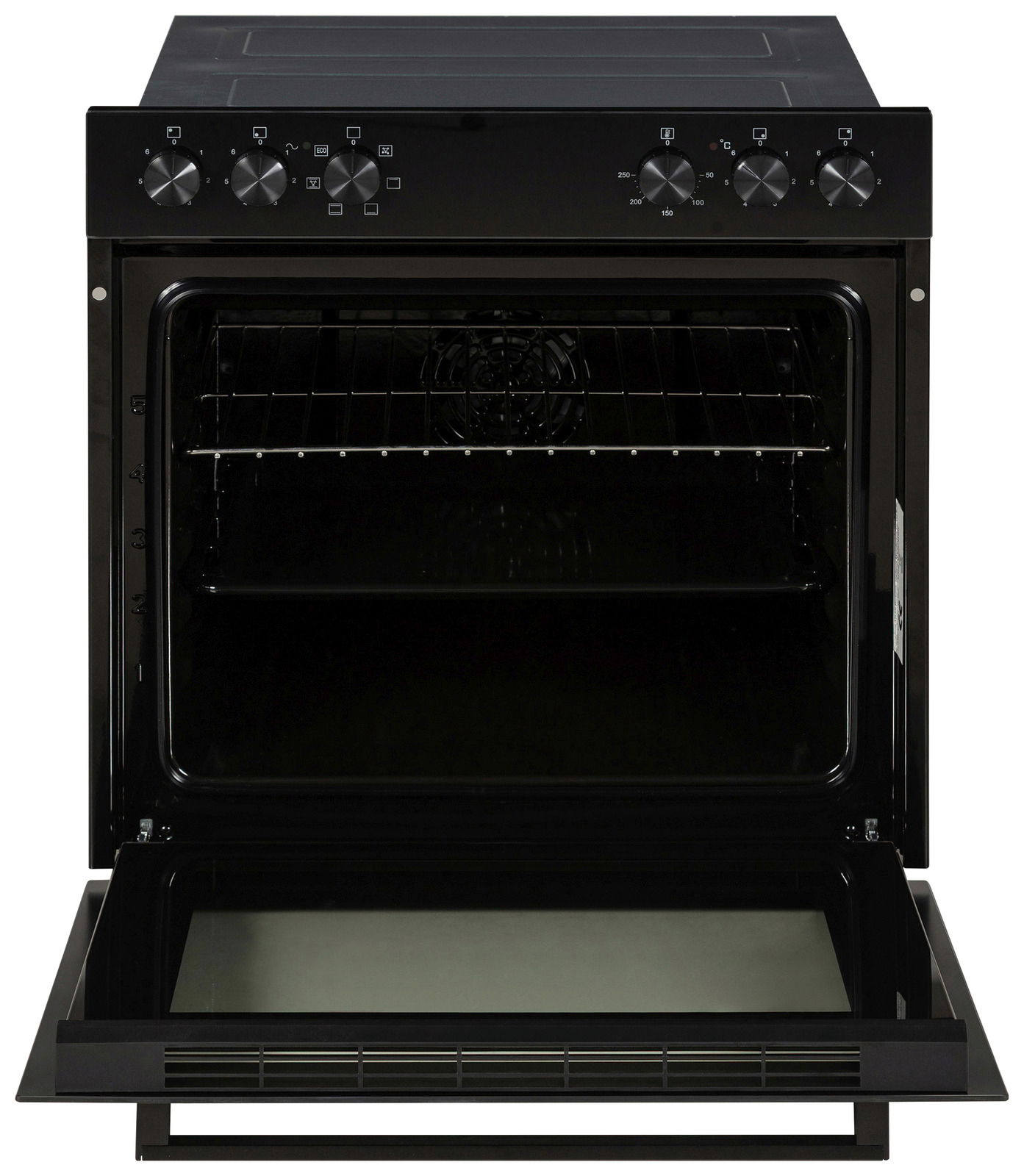 Einbauherd-Set in Frontalansicht mit geöffneter Tür und sichtbarem Innenraum.