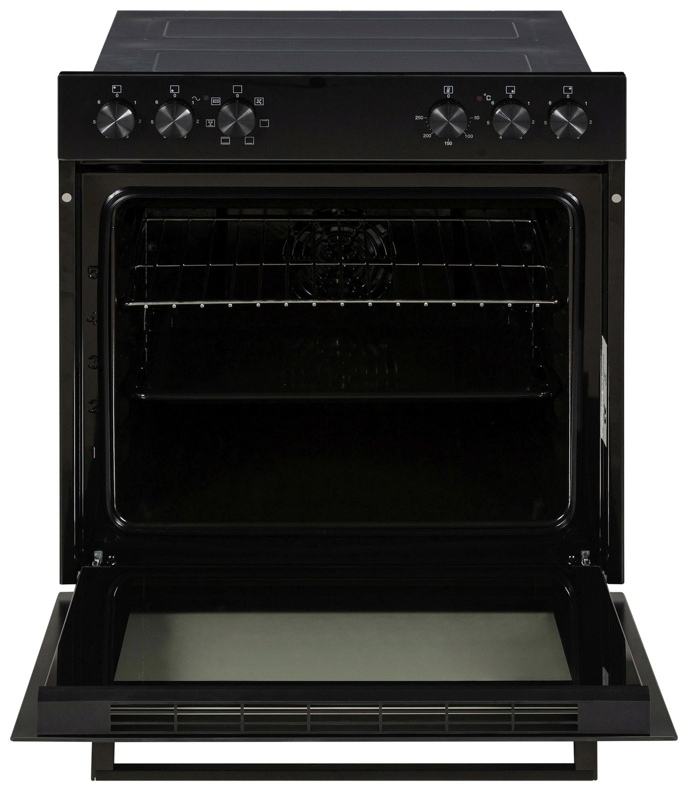 Einbauherd-Set in Frontalansicht mit geöffneter Tür und sichtbarem Innenraum.