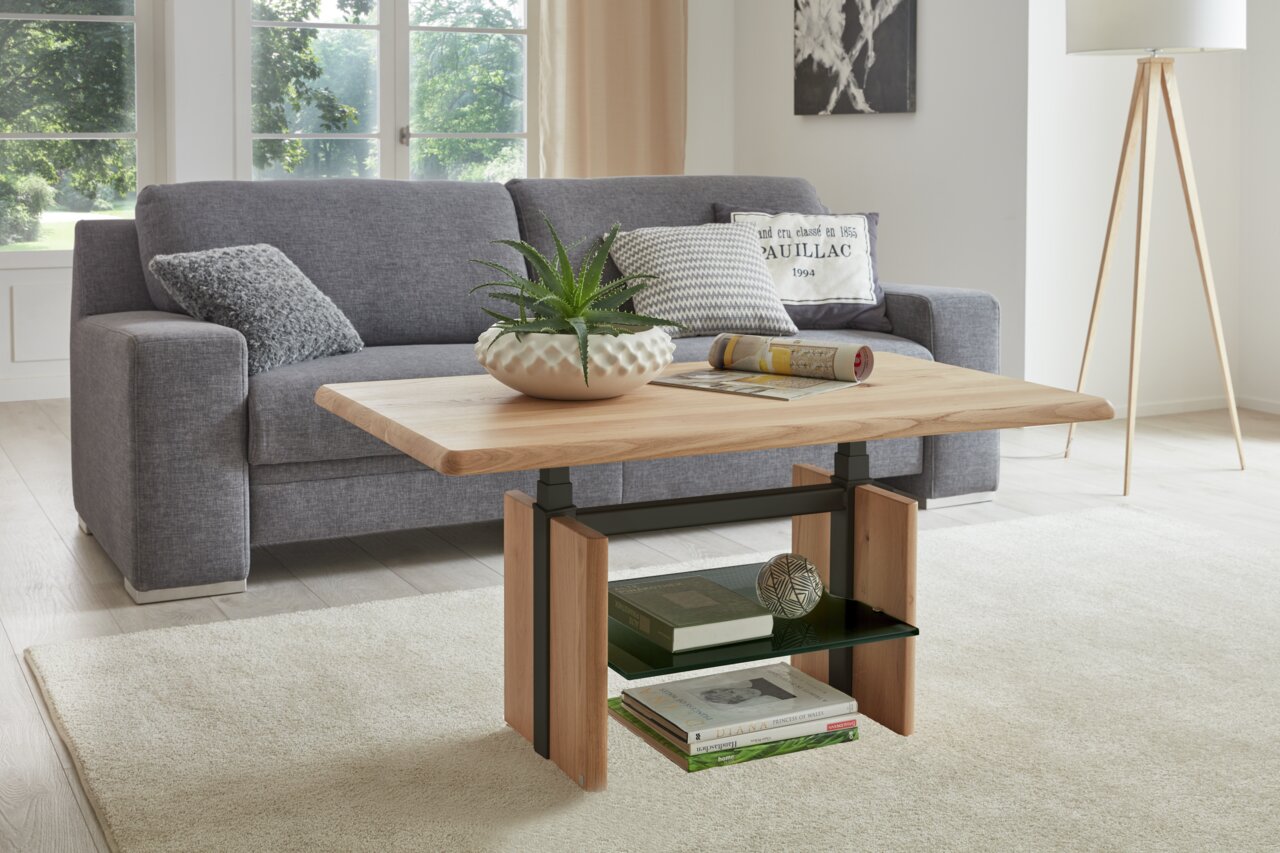 Moderner Couchtisch aus Holz mit Glasablage, dekoriert mit einer Pflanze, in einem gemütlichen Wohnzimmer mit grauem Sofa, aus der Vorderansicht fotografiert.