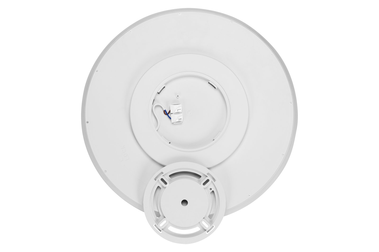 Rückansicht einer runden LED-Deckenleuchte mit sichtbaren Kabelanschlüssen und Halterung.