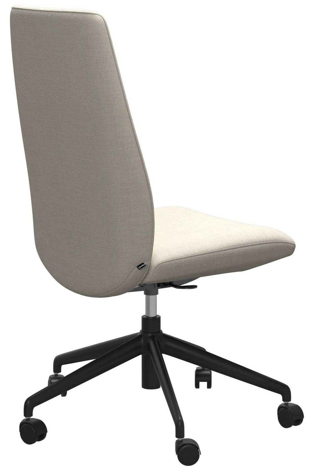 Rückansicht eines modernen Home Office Stuhls mit hellgrauem Stoffbezug und schwarzem Drehfuß auf Rollen.