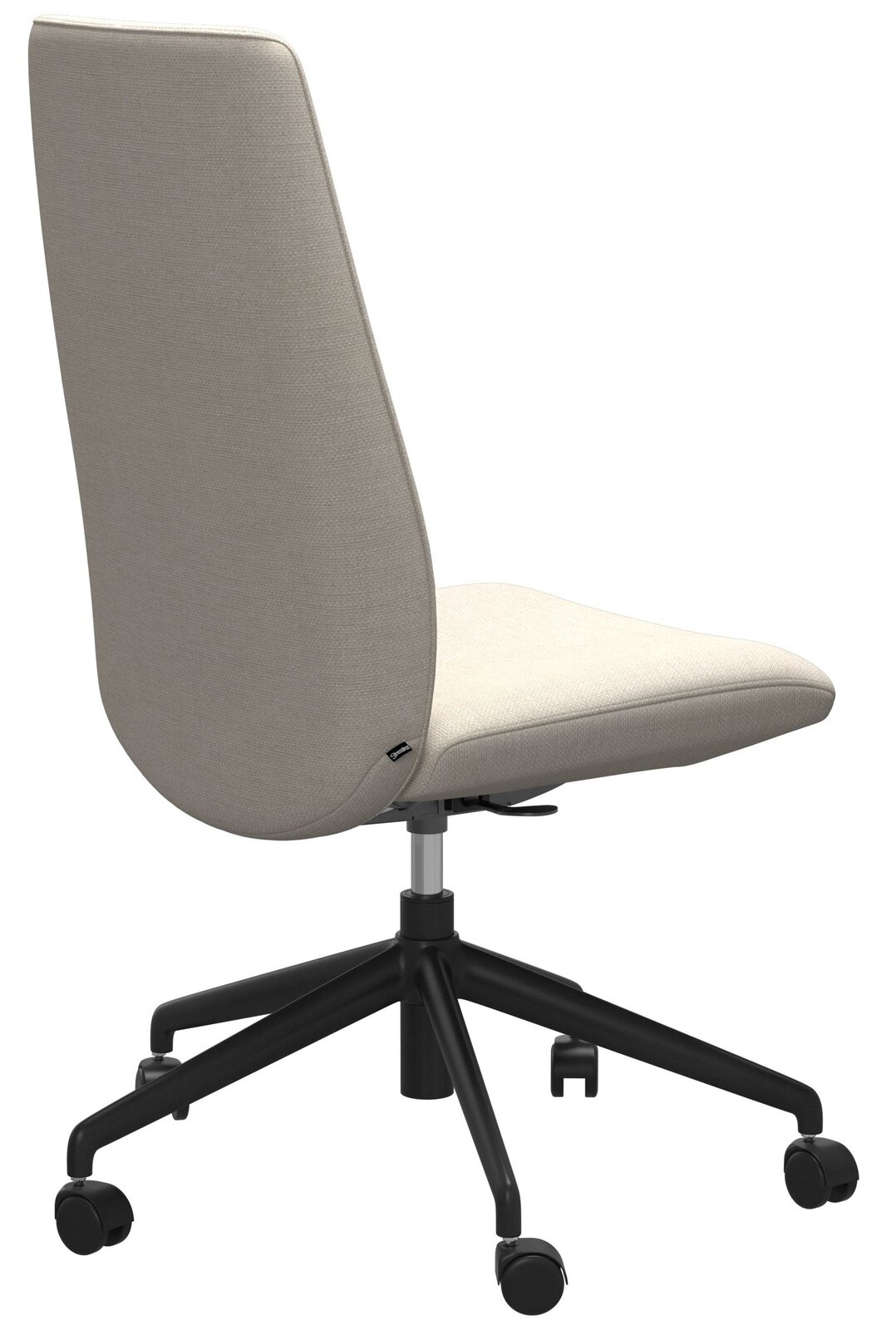 Rückansicht eines modernen Home Office Stuhls mit hellgrauem Stoffbezug und schwarzem Drehfuß auf Rollen.