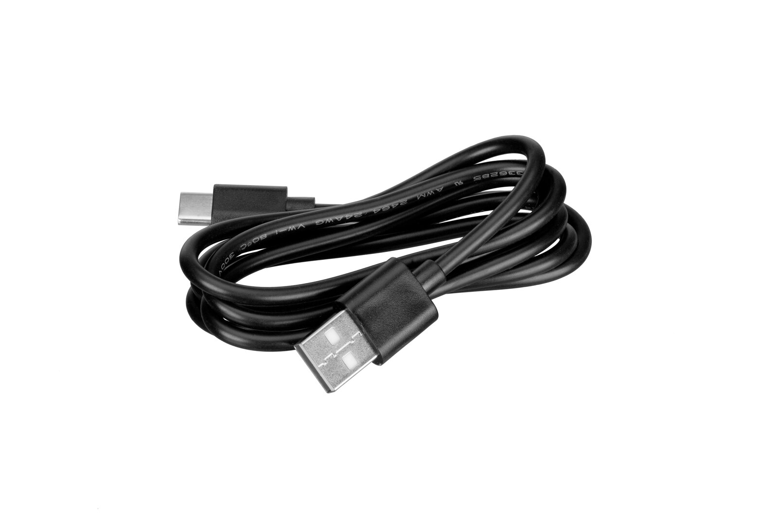 Zwarte USB-kabel met USB-A- en USB-C-aansluitingen, zijaanzicht