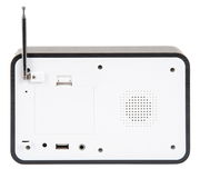 Rückansicht eines Radio Weckers mit Antenne, USB-Anschluss und AUX-Eingang.