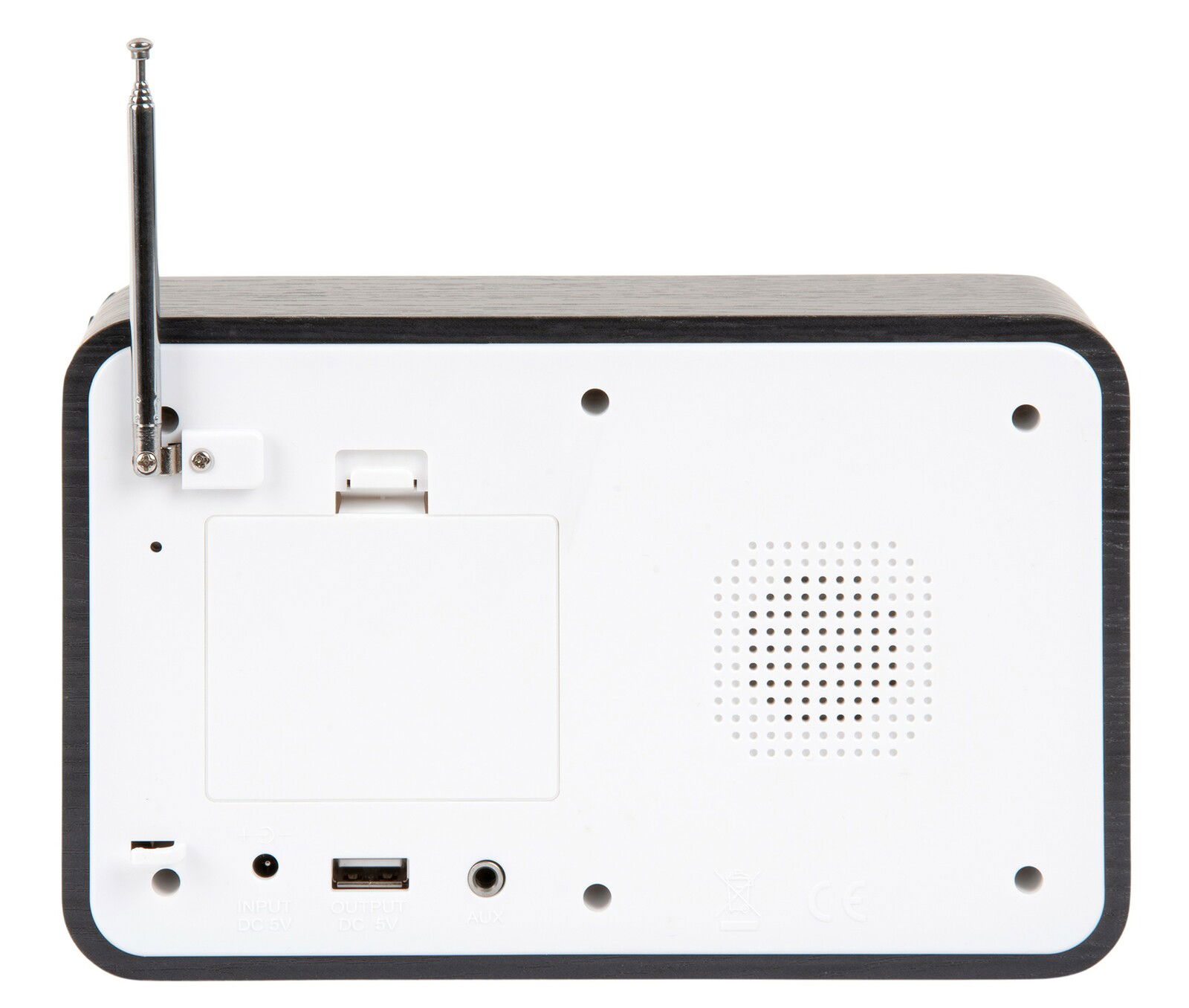 Rückansicht eines Radio Weckers mit Antenne, USB-Anschluss und AUX-Eingang.