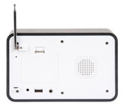 Achterkant van een wekkerradio met antenne, USB-aansluiting en AUX-ingang.