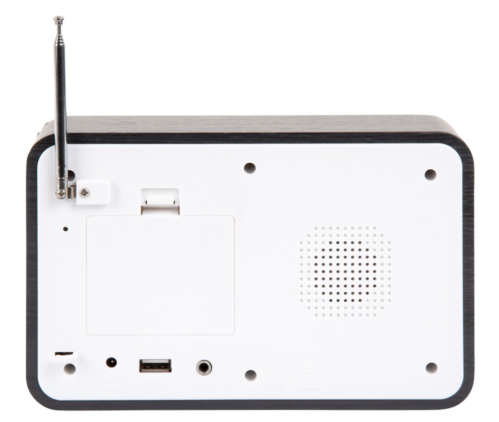 Achterkant van een wekkerradio met antenne, USB-aansluiting en AUX-ingang.
