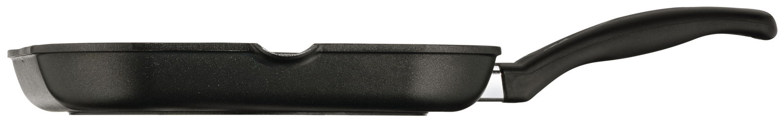 Seitenansicht einer schwarzen Grillpfanne aus Aluguss mit ergonomischem Griff.