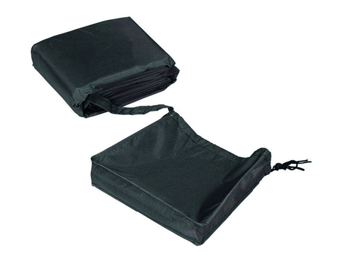 Zurbrüggen Sitzgruppenhülle AeroCover Schwarze Sitzgruppenhülle aus robustem Material, teilweise entfaltet, von oben betrachtet.