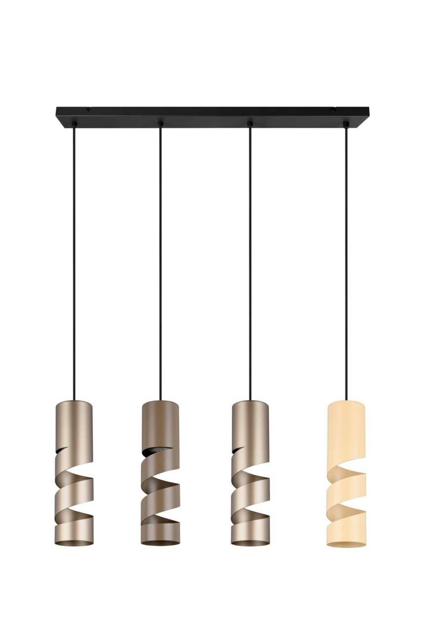 Trio Leuchten Pendelleuchte STREAM Moderne Pendelleuchte mit vier spiralförmigen Lampenschirmen in verschiedenen Farben, von vorne betrachtet.