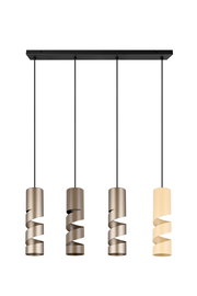 Moderne Pendelleuchte mit vier spiralförmigen Lampenschirmen in verschiedenen Farben, von vorne betrachtet.