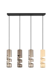 Moderne Pendelleuchte mit vier spiralförmigen Lampenschirmen in verschiedenen Farben, von vorne betrachtet.