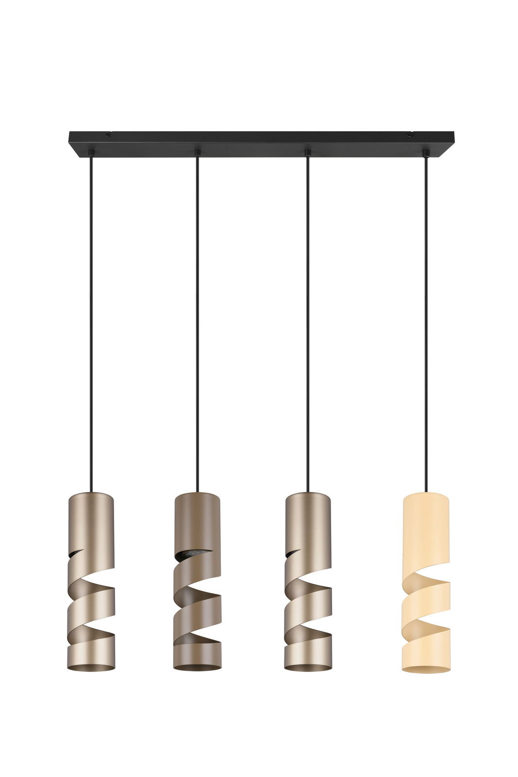 Moderne Pendelleuchte mit vier spiralförmigen Lampenschirmen in verschiedenen Farben, von vorne betrachtet.