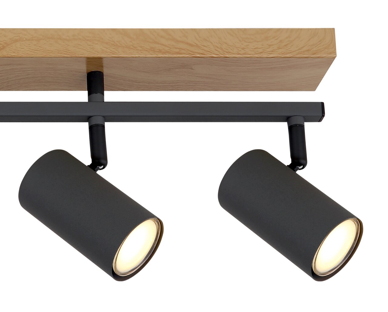 Zwei schwarze Strahler an einer Holzhalterung, seitliche Perspektive