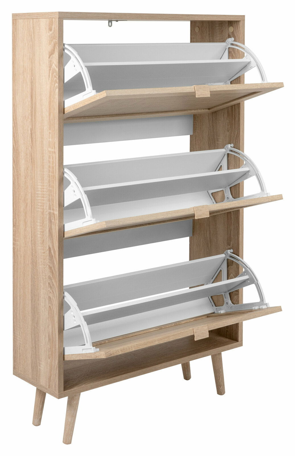 Schuhkipper aus Holz mit drei klappbaren Fächern, seitliche Perspektive