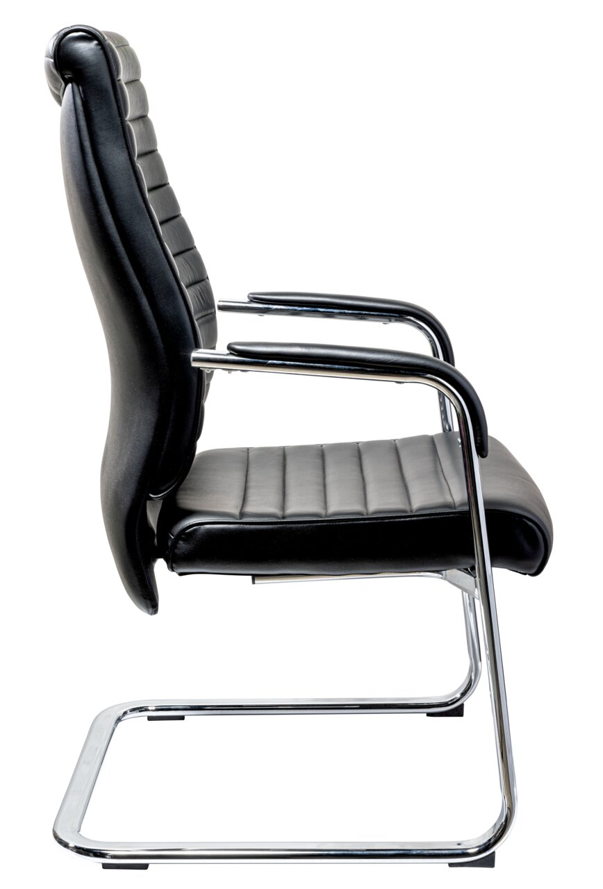 Venda Schwingstuhl MYDELUXE Seitenansicht eines eleganten schwarzen Schwingstuhls mit verchromtem Gestell und gepolsterten Armlehnen.