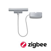 Stromeinspeisung zigbee URAIL von PAULMANN in silberner Farbe, von oben betrachtet, mit Kabel und Zigbee-Logo.