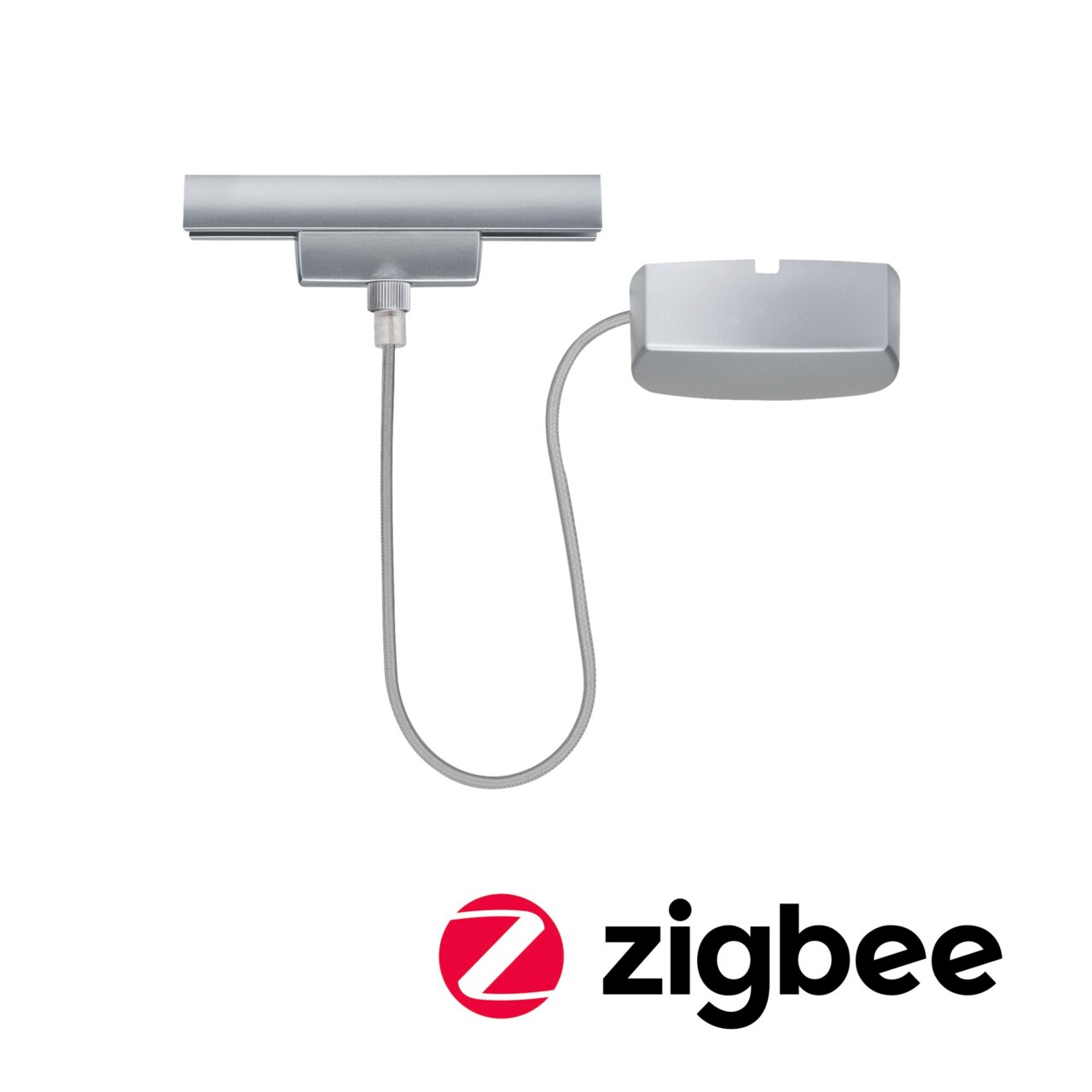 Stromeinspeisung zigbee URAIL von PAULMANN in silberner Farbe, von oben betrachtet, mit Kabel und Zigbee-Logo.