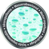 Nahaufnahme eines wasserabweisenden Duschvorhangs mit Wassertropfen auf der Oberfläche.
