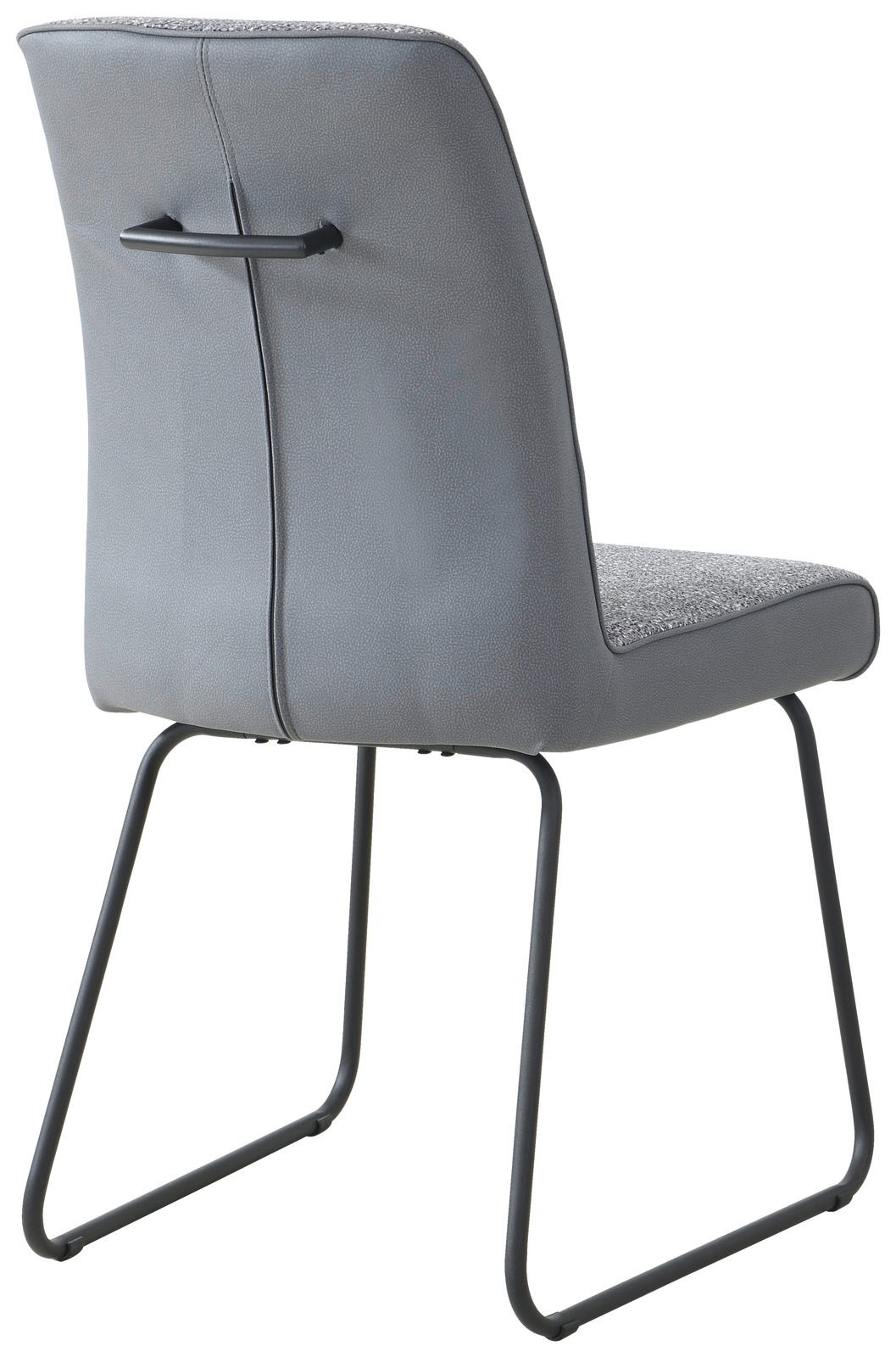 Rückansicht eines grauen Kufenstuhls mit Metallgestell und Griff an der Rückenlehne.