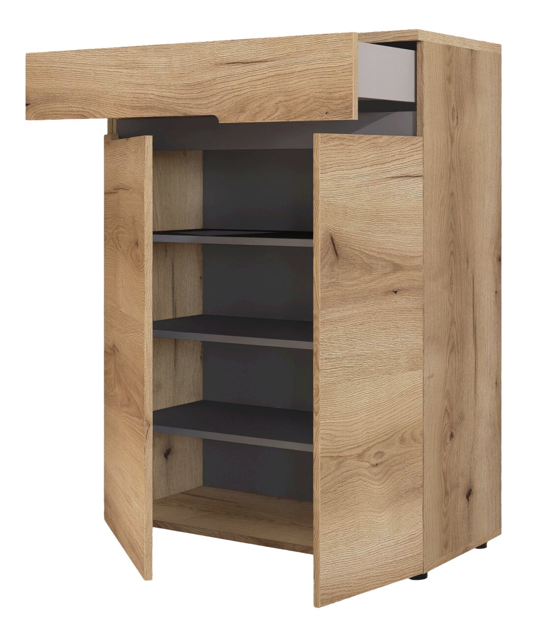 Houten schoenenkast met open deur en lade, zijaanzicht
