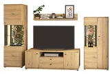 Frontale Ansicht einer modernen Wandkombination aus Holz mit zwei Vitrinen, einem TV-Schrank und einem Wandregal, dekoriert mit Büchern, Pflanzen und Kunstobjekten.